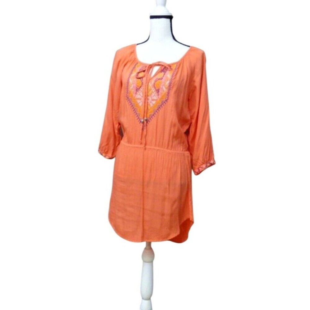 Angie Junior’s Elasticized Waist ¾ Sleeve tunic dress, Salmon, L
